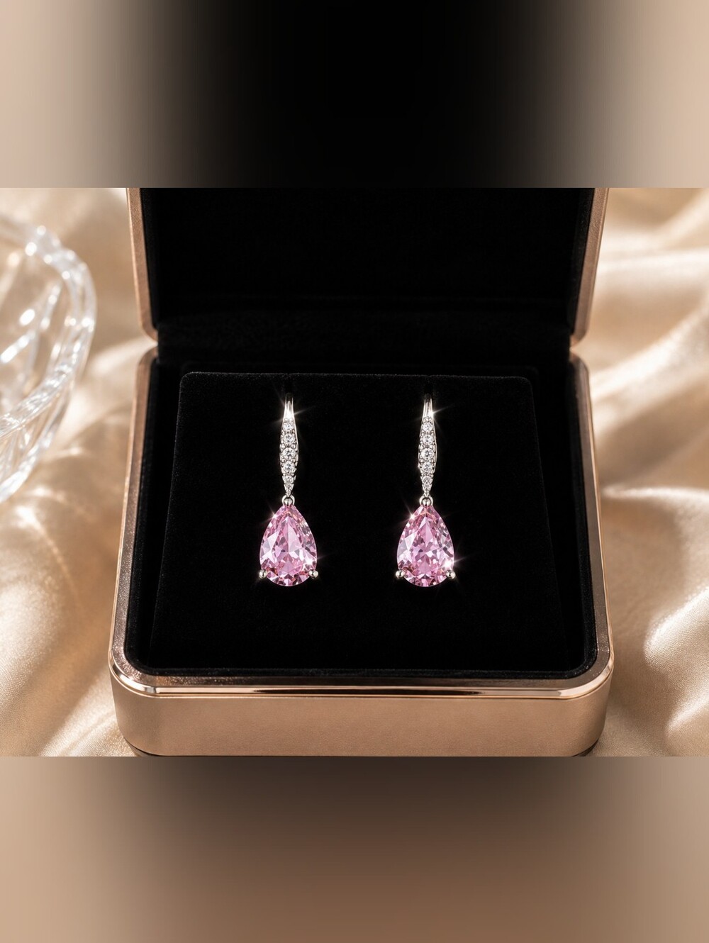 Fashion Sparkling Pink color stone Cubic Zirconia Earrings. Stainless steel